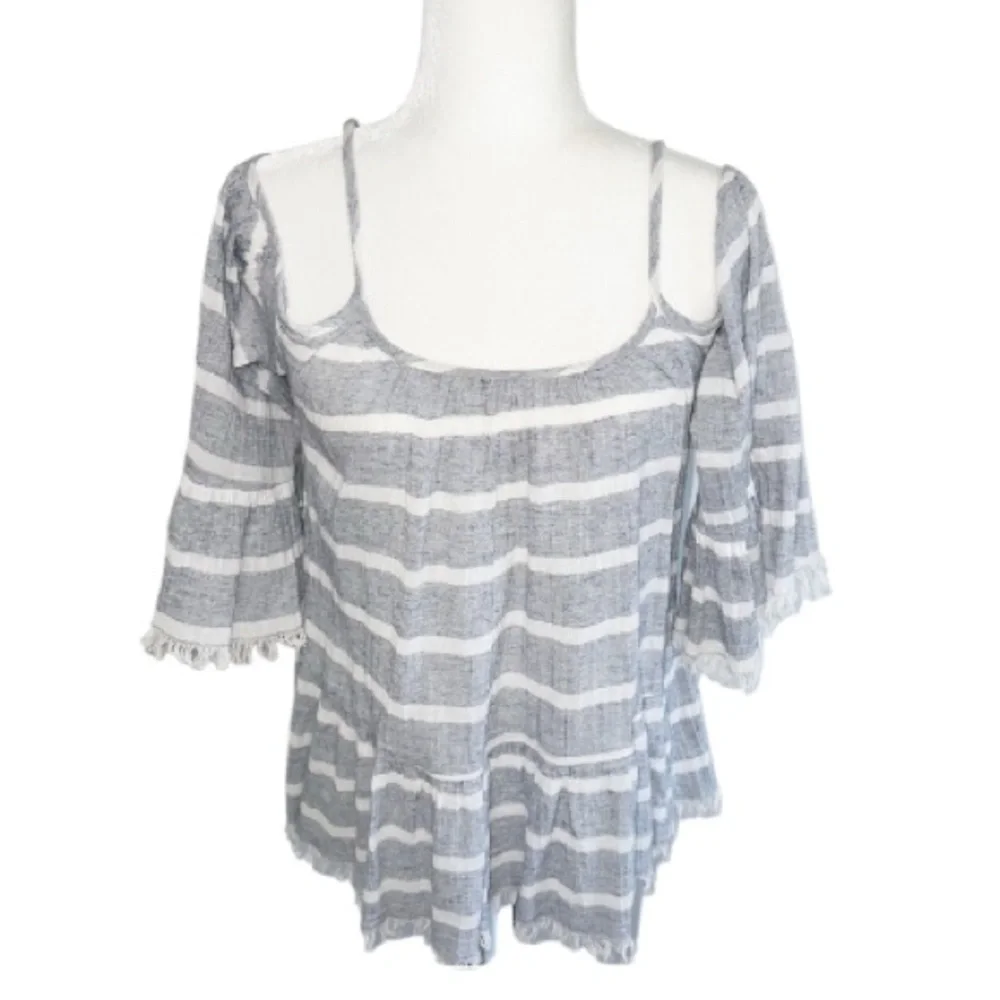 En Créme Cotton Blue Gauze Stripe Bell Sleeve Top Medium - Picture 2 of 12